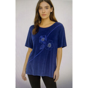 Picadilly Fashions embelished Blouse Short Sleeve Stretch xl Navy rhinestones